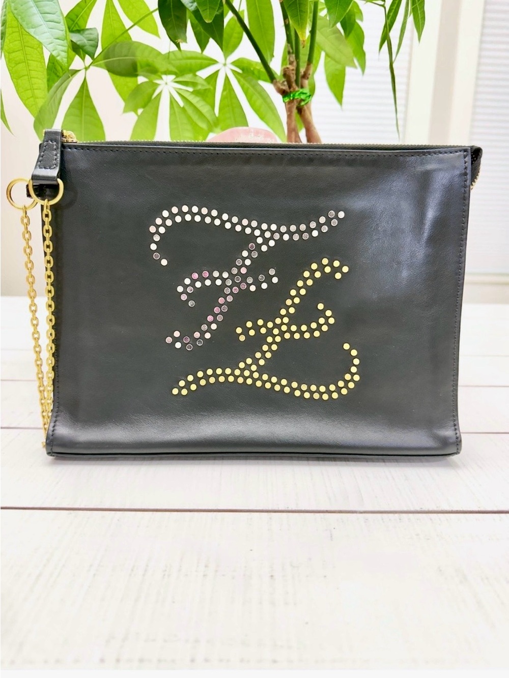 Fendi Leather Studded Logo Pouch / Clutch with a Chain